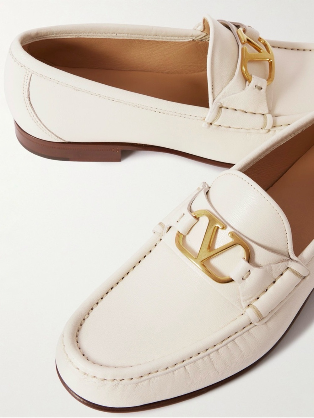 Valentino Womenās Cream Leather Loafers with Gold Accent